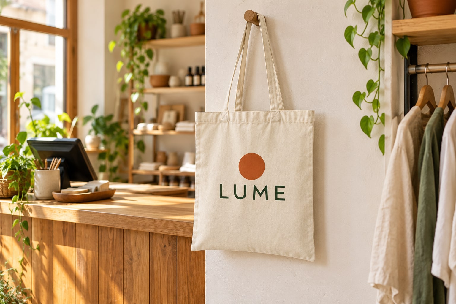 Totebags Personalizados 2 Totebag de algodão natural com marca conceptual LUME num espaço comercial.