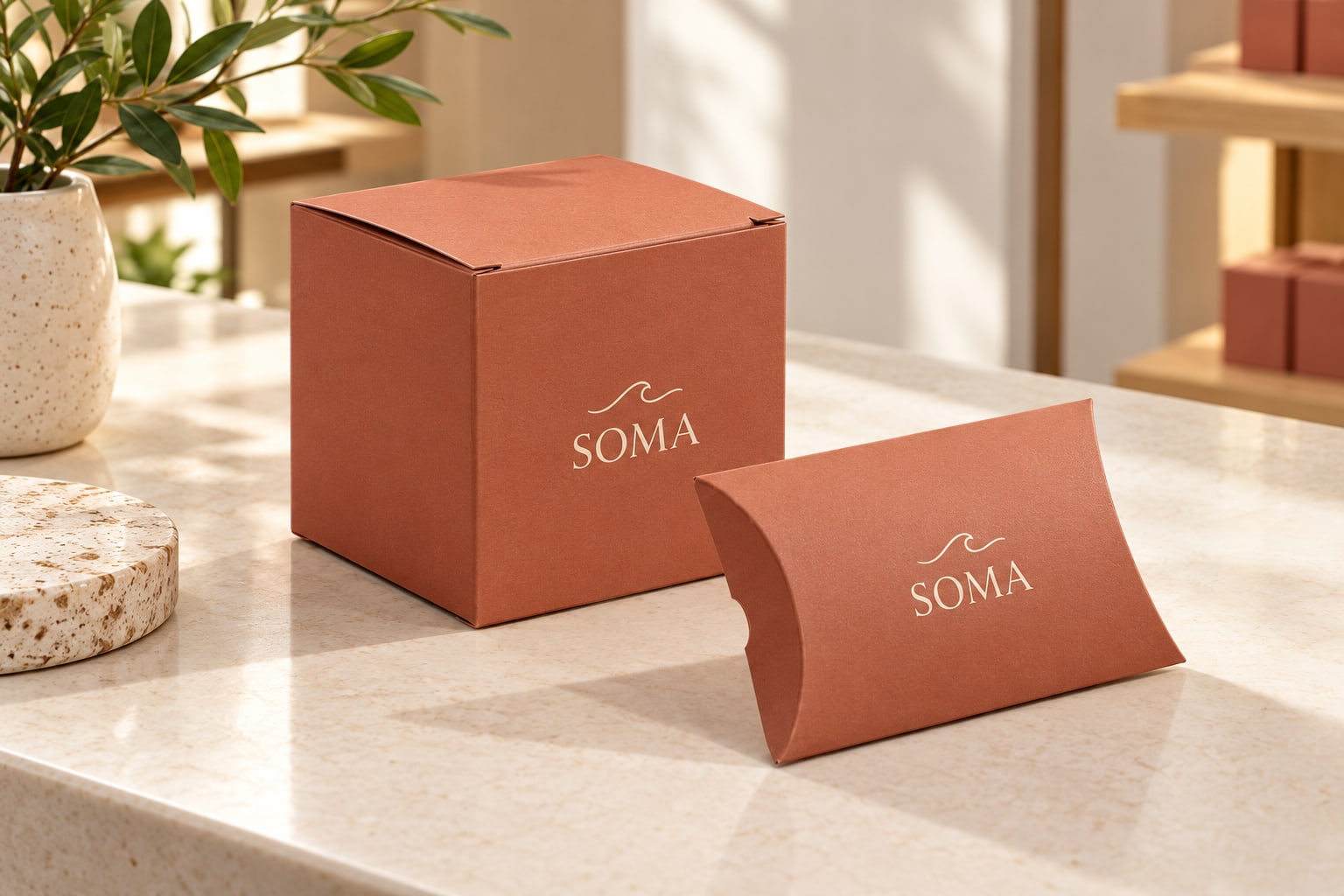 Caixas Personalizadas 2 Impressão: caixas personalizadas com marca fictícia SOMA. Imagem conceptual, não cliente real.