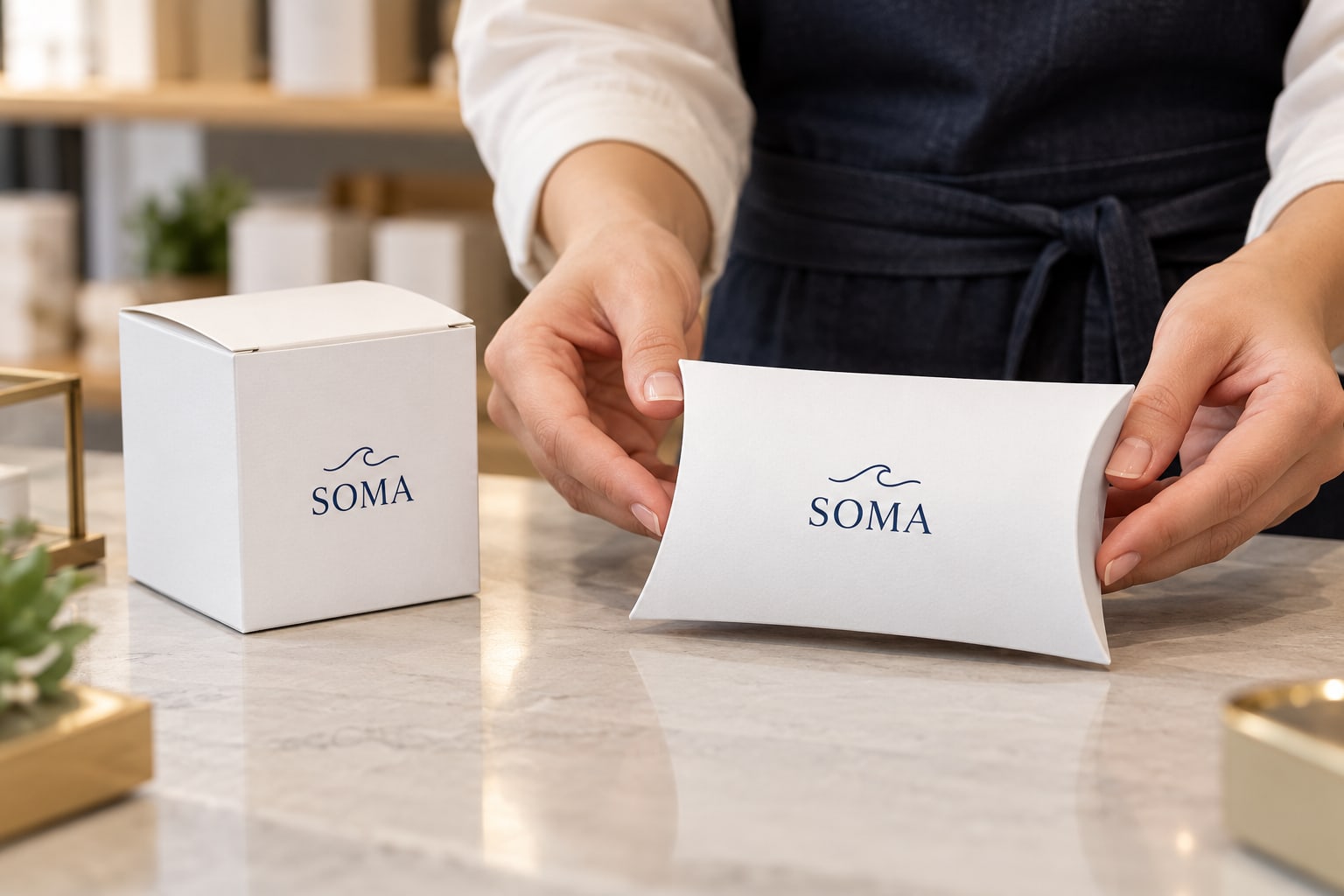 Caixas Personalizadas 3 Entrega: caixas personalizadas com marca fictícia SOMA. Imagem conceptual, não cliente real.