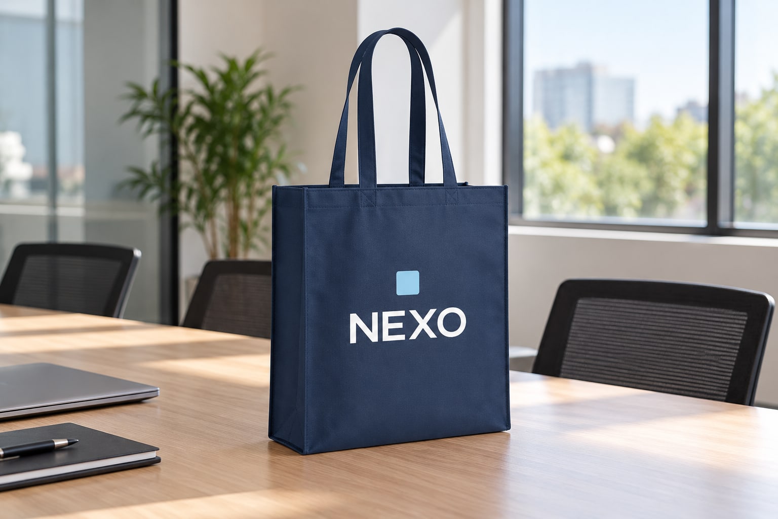 Totebags Personalizados 3 Totebag em TNT azul com identidade conceptual NEXO num evento profissional.