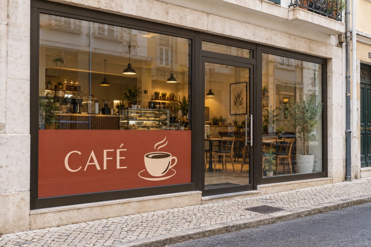 Vinil para Montras Personalizado 4 Montra de café com painel de vinil terracota na metade inferior do vidro, com a palavra CAFÉ e a ilustração de uma chávena.