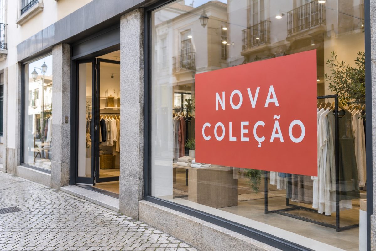 Vinil para Montras Personalizado 5 Vinil retangular coral com a mensagem NOVA COLEÇÃO aplicado no vidro de uma loja de roupa.