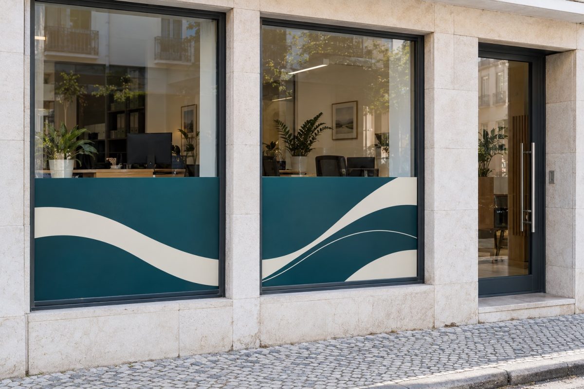 Vinil para Montras Personalizado 8 Montra de escritório com grafismos em vinil, em ondas verde-petróleo e creme, na zona inferior dos vidros e a parte superior descoberta.