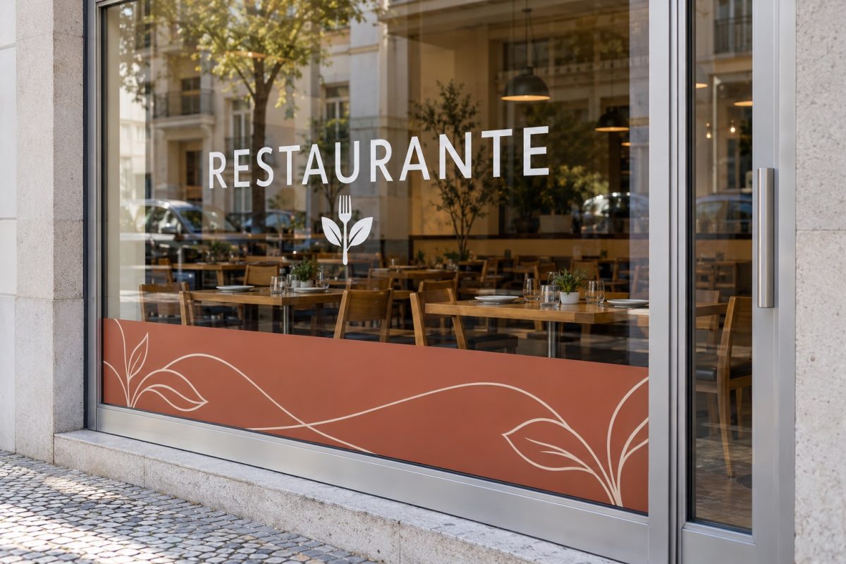 Vinil para Montras Personalizado 6 Montra de restaurante com letras brancas recortadas e uma faixa de vinil terracota com folhas desenhadas na parte inferior do vidro.