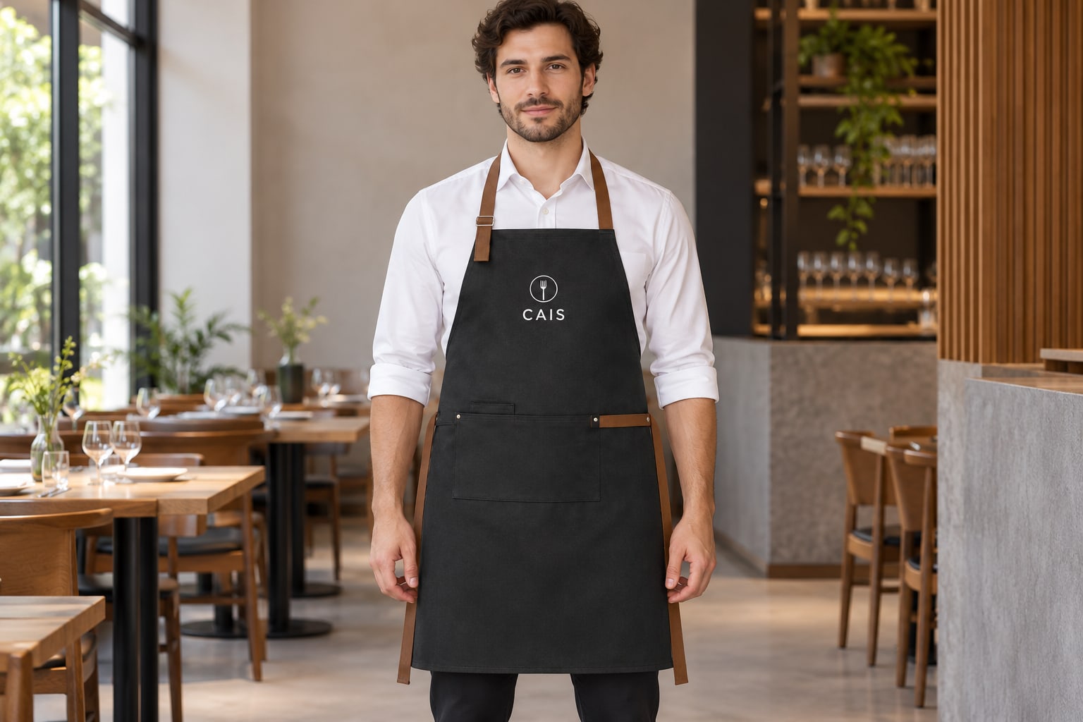 Aventais Personalizados 4 Avental VESPER preto CAIS em utilização comercial conceptual.
