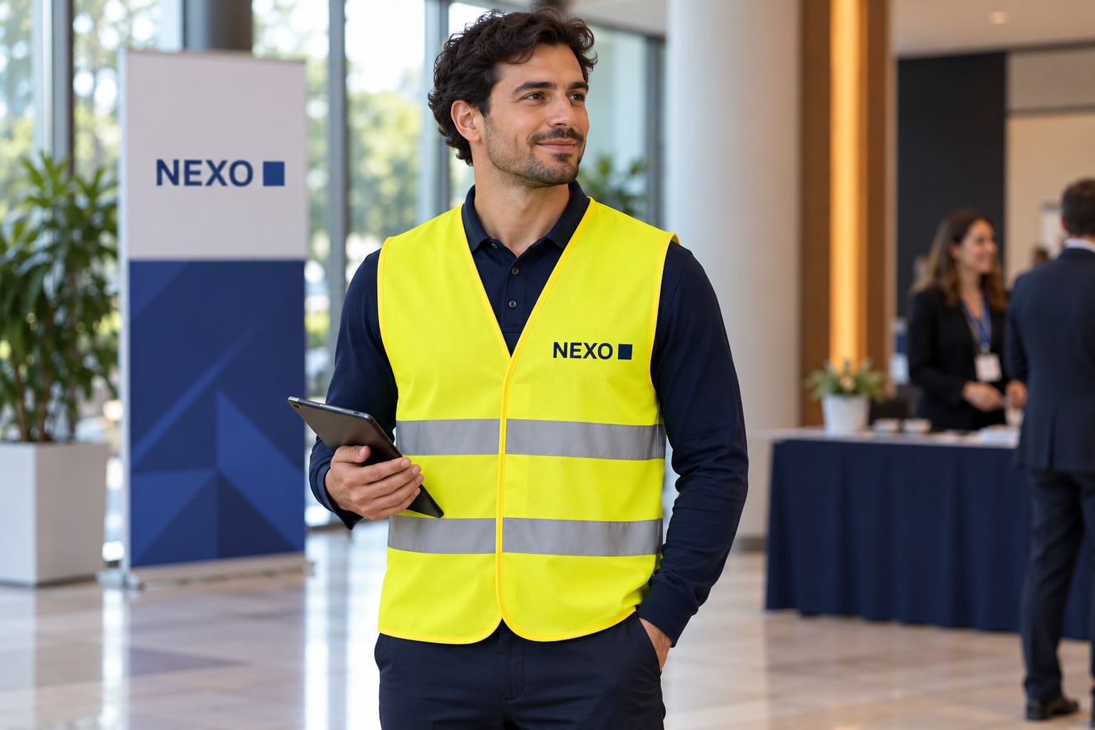 Coletes Refletores 2 Colete NEXO utilizado numa recepção de evento.