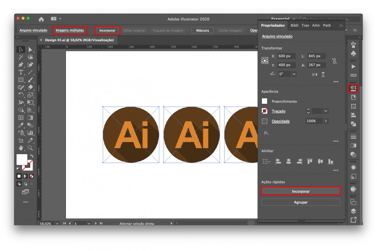 Incorporar multiplas imagens no Illustrator- painel Propriedades